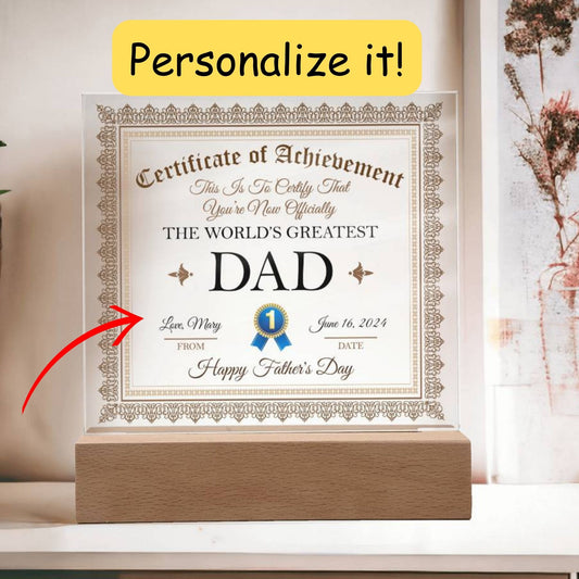 Gift For Dad Certificate of Achievement World's Greatest Dad Custom Acrylic Plaque