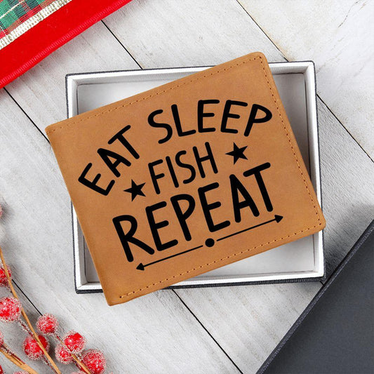 Fisherman Gift - Eat Sleep Fish Repeat Leather Wallet - Mallard Moon Gift Shop