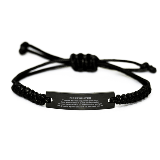 Firefighter Black Braided Leather Rope Engraved Bracelet - Thanks for being who you are - Birthday Christmas Jewelry Gifts Coworkers Colleague Boss - Mallard Moon Gift Shop