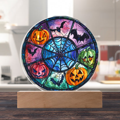 Spooky Halloween Decor Round Acrylic Plaque with Lighted LED Wooden Base