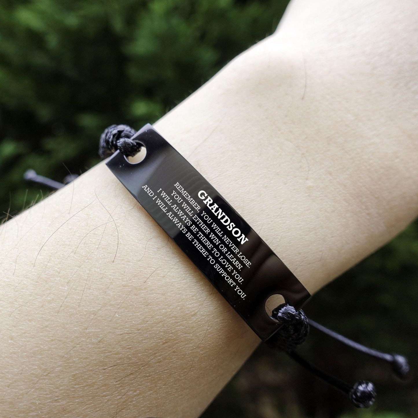 Grandson Braided Leather Rope Bracelet, Remember, You Will Never Lose, You Will Either Win or Learn, Black Leather Engraved Bracelet for your Grandson, Birthday, Christmas Gifts Ideas - Mallard Moon Gift Shop