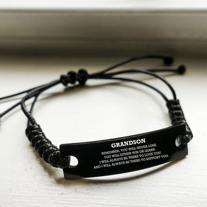 Grandson Braided Leather Rope Bracelet, Remember, You Will Never Lose, You Will Either Win or Learn, Black Leather Engraved Bracelet for your Grandson, Birthday, Christmas Gifts Ideas - Mallard Moon Gift Shop