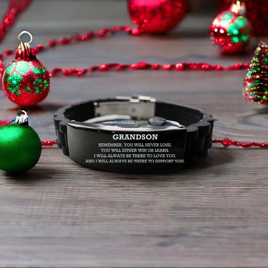 Grandson Black Glide Lock Bracelet, Remember, You Will Never Lose. You Will Either Win or Learn, Leather Engraved Bracelets for your Grandson, Birthday, or Christmas, Inspirational Gifts Ideas - Mallard Moon Gift Shop