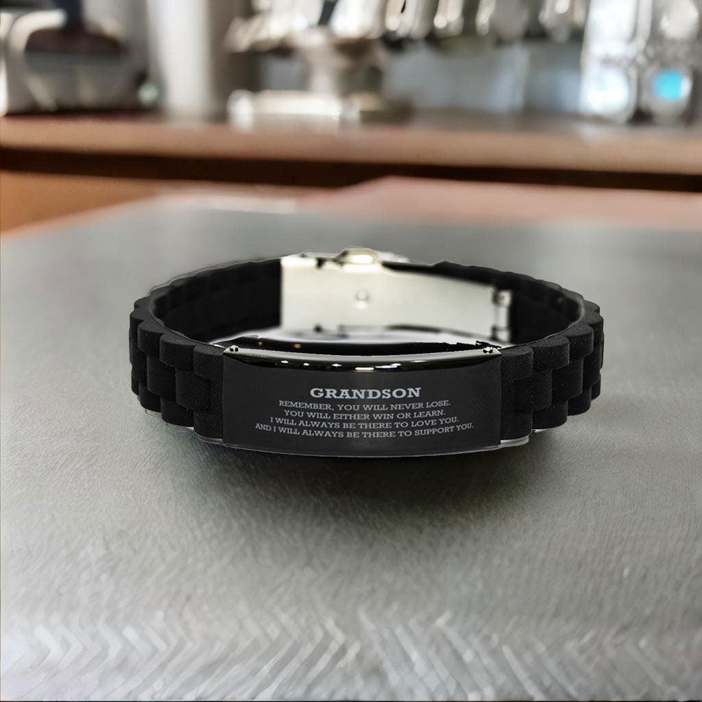 Grandson Black Glide Lock Bracelet, Remember, You Will Never Lose. You Will Either Win or Learn, Leather Engraved Bracelets for your Grandson, Birthday, or Christmas, Inspirational Gifts Ideas - Mallard Moon Gift Shop