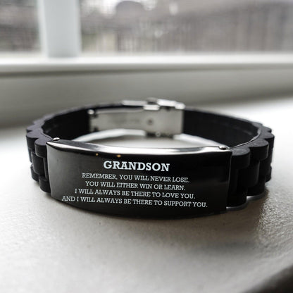 Grandson Black Glide Lock Bracelet, Remember, You Will Never Lose. You Will Either Win or Learn, Leather Engraved Bracelets for your Grandson, Birthday, or Christmas, Inspirational Gifts Ideas - Mallard Moon Gift Shop