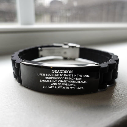 Grandson Engraved Black Glidelock Clasp Bracelet, Motivational Heartfelt Birthday, Christmas Holiday Gifts For Grandson, Life is Learning to Dance in the Rain, You are Always in My Heart - Mallard Moon Gift Shop