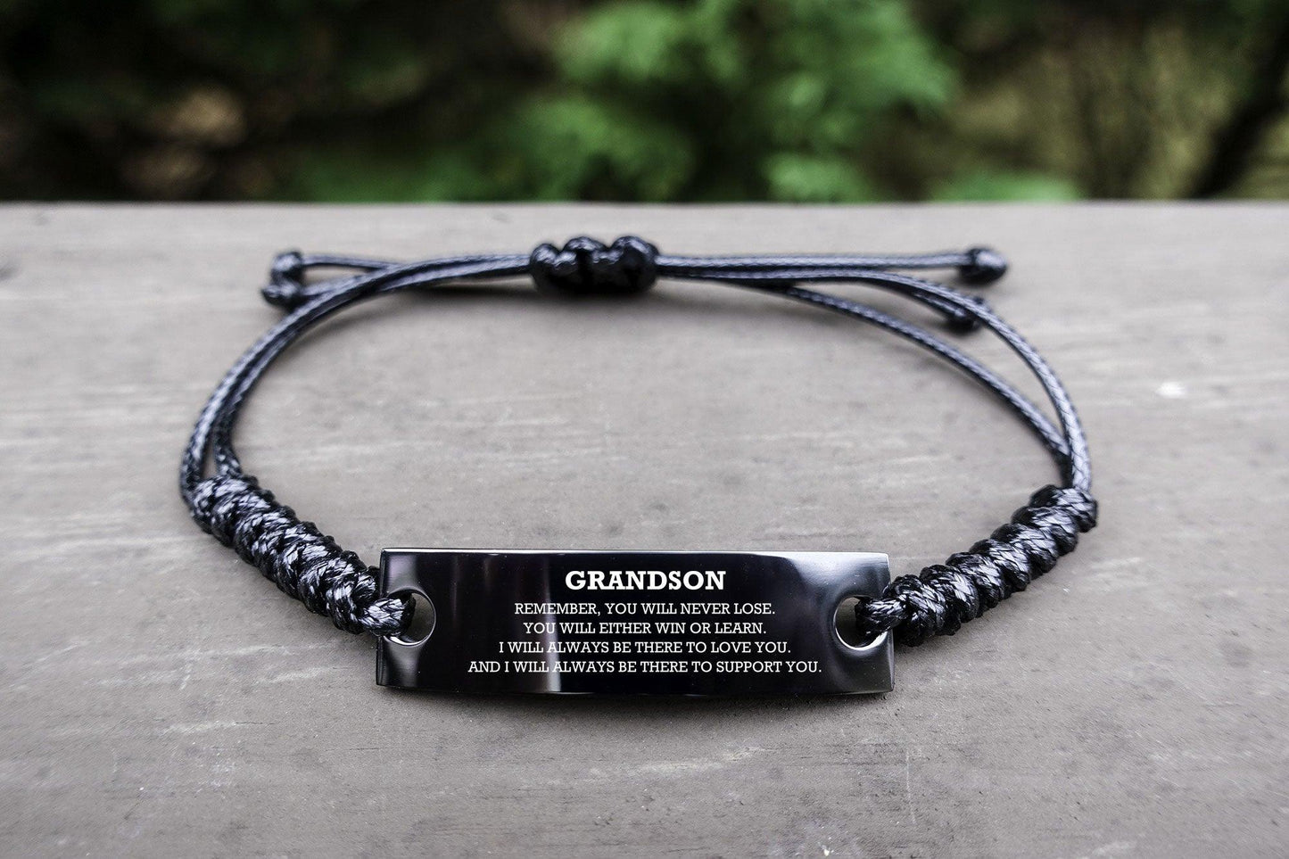 Grandson Braided Leather Rope Bracelet, Remember, You Will Never Lose, You Will Either Win or Learn, Black Leather Engraved Bracelet for your Grandson, Birthday, Christmas Gifts Ideas - Mallard Moon Gift Shop