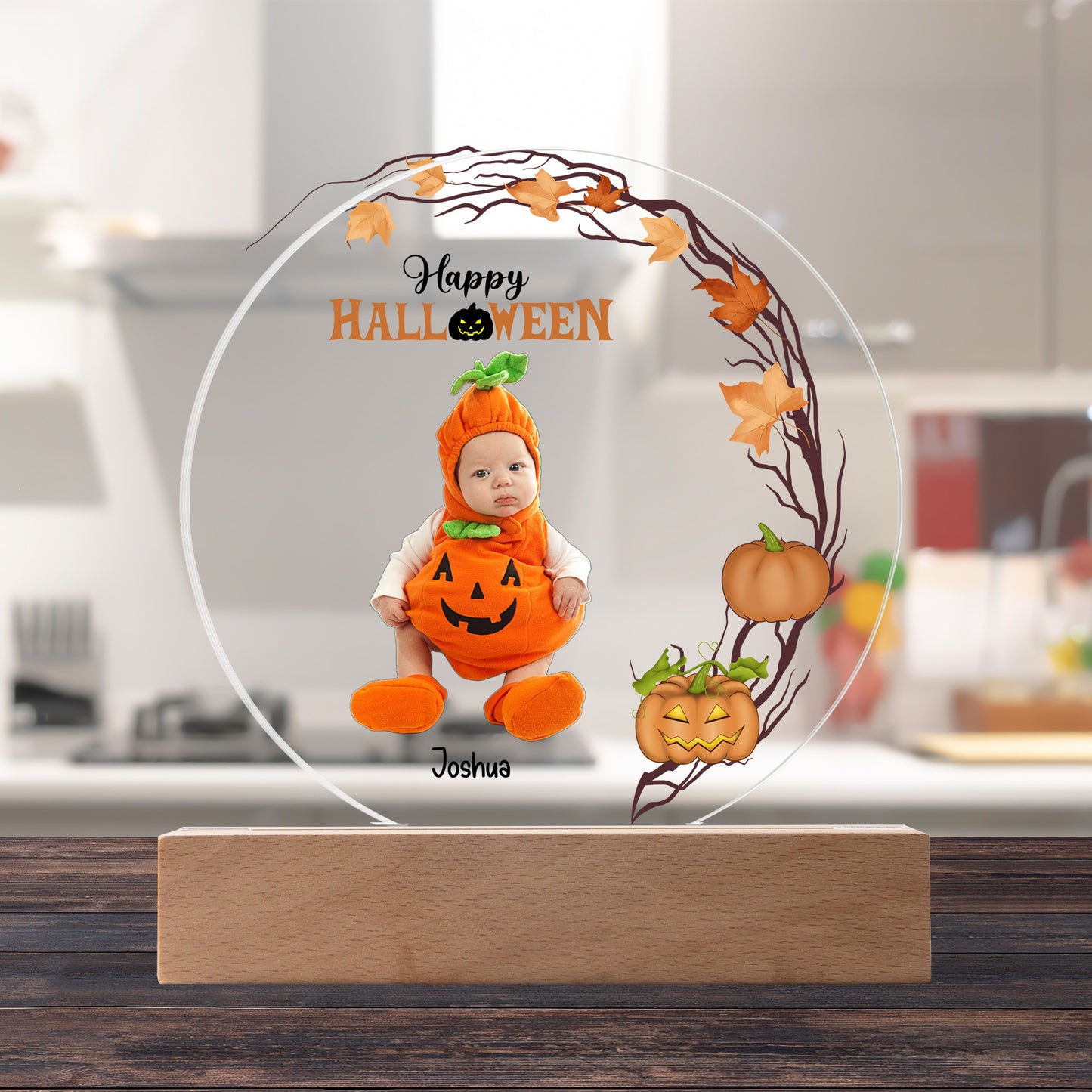 Personalized Halloween Photo Upload - Baby First Halloween Keepsake - Family Costume Round Acrylic Plaque with LED Lighted Base