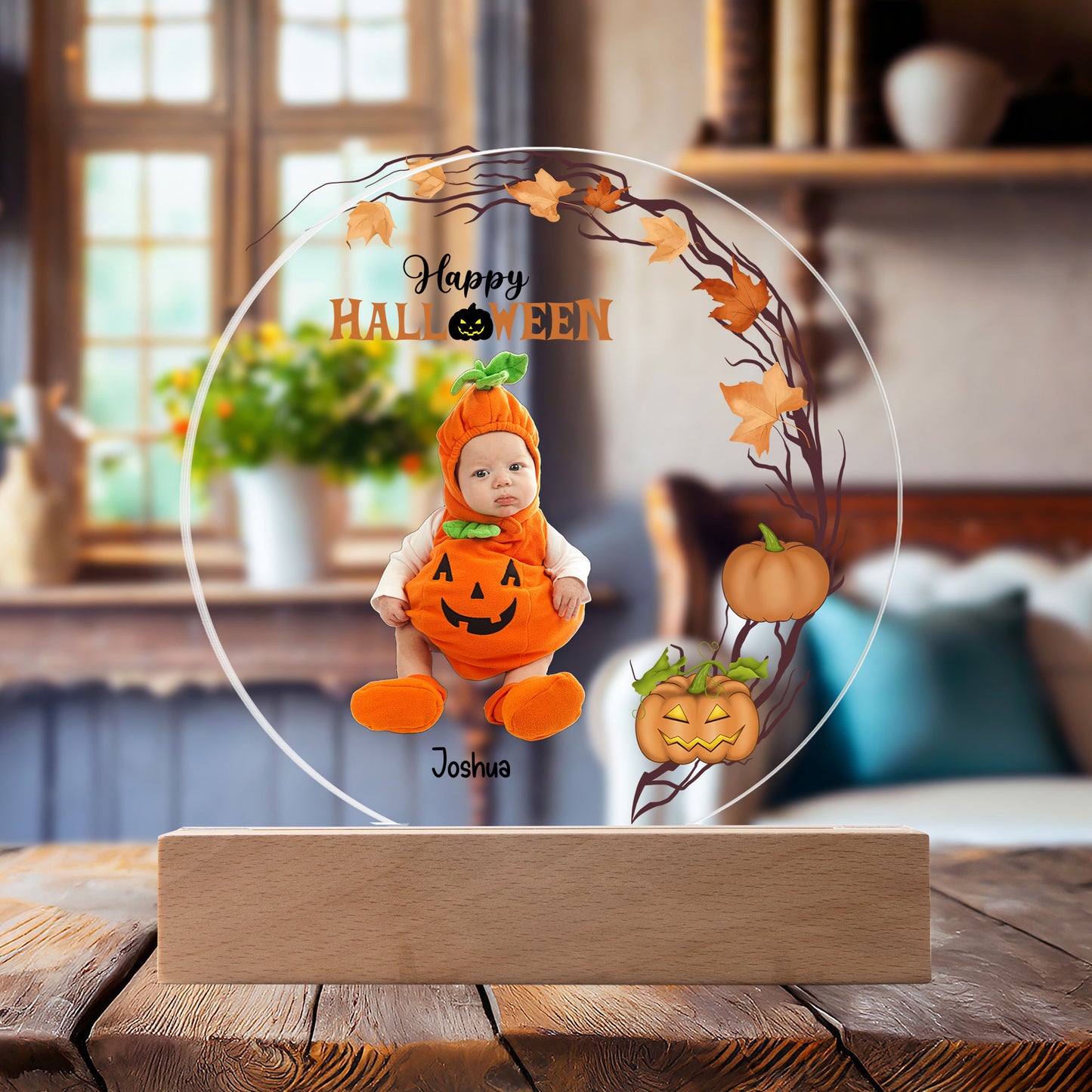 Personalized Halloween Photo Upload - Baby First Halloween Keepsake - Family Costume Round Acrylic Plaque with LED Lighted Base