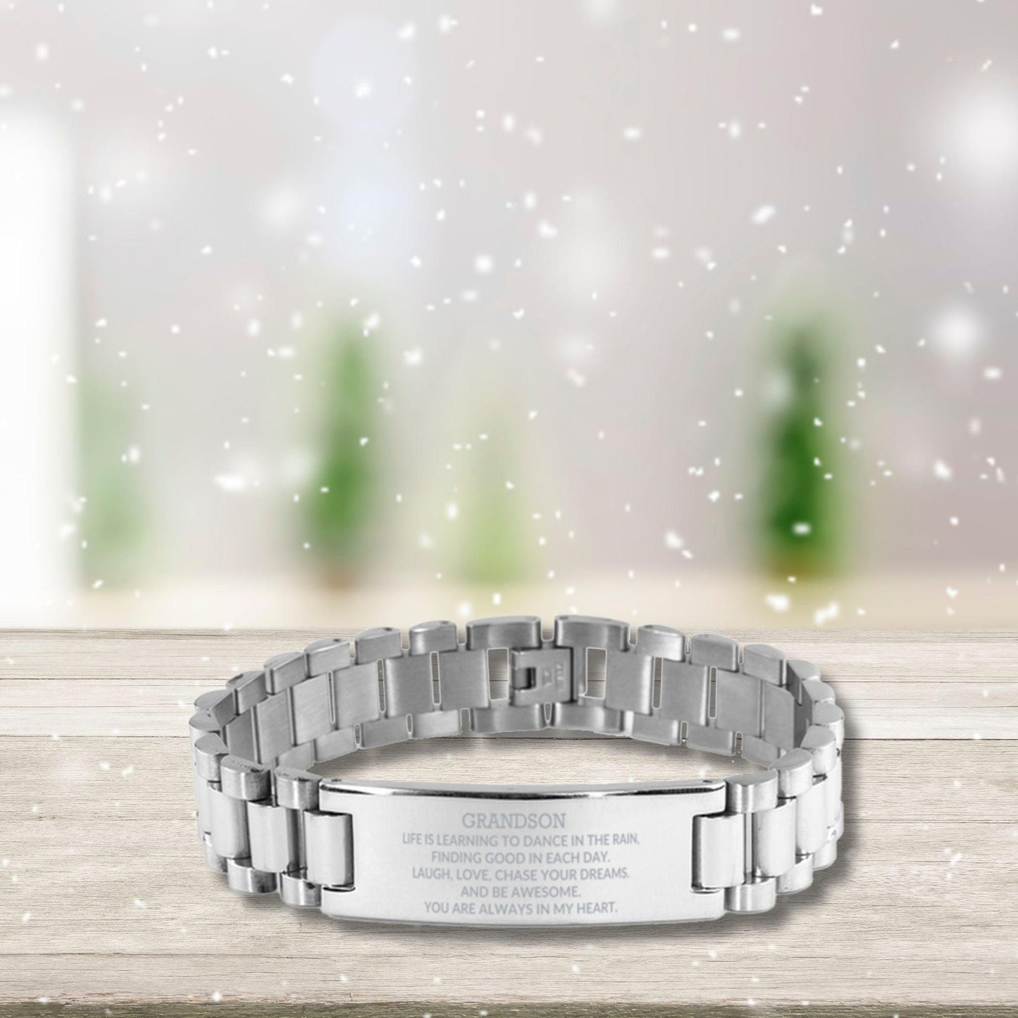 Grandson Engraved Ladder Stainless Steel Bracelet, Motivational Heartfelt Birthday, Christmas Holiday Gifts For Grandson, Life is Learning to Dance in the Rain, You are Always in My Heart - Mallard Moon Gift Shop