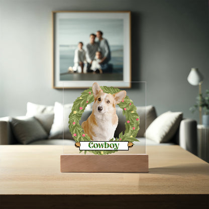 Pet Personalized Holiday Wreath Photo Upload Keepsake Acrylic Plaque with Lighted LED Wooden Base