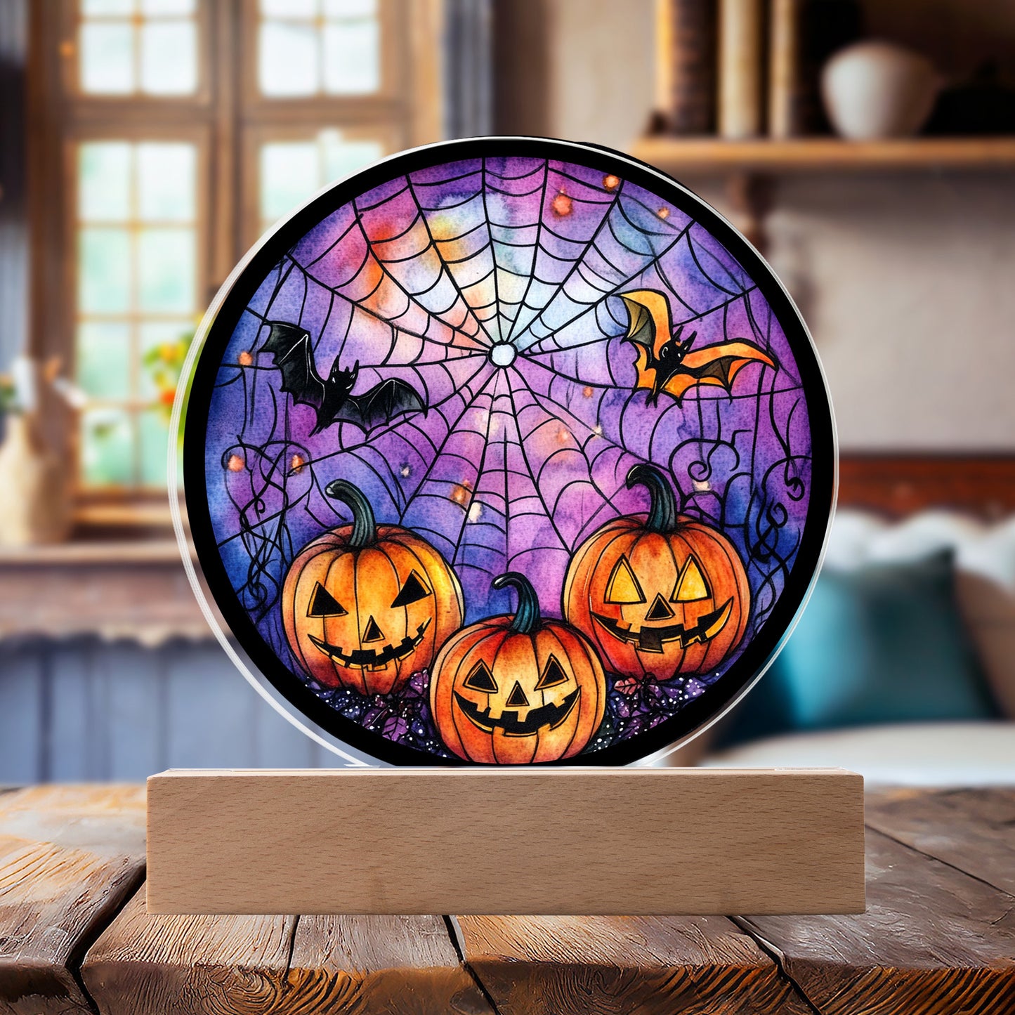 Spooky Halloween Decor Round Acrylic Plaque with Lighted LED Wooden Base