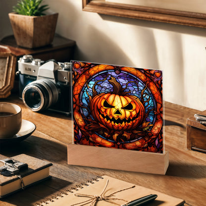 Halloween Pumpkin Stained-Glass Acrylic Square Plaque with LED Wooden Base