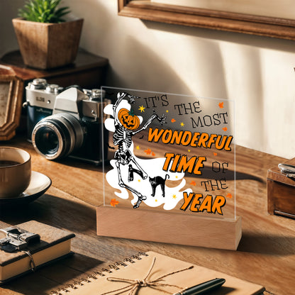 Halloween Decor - The Most Wonderful Time of the Year Acrylic Square Plaque with LED Wooden Base