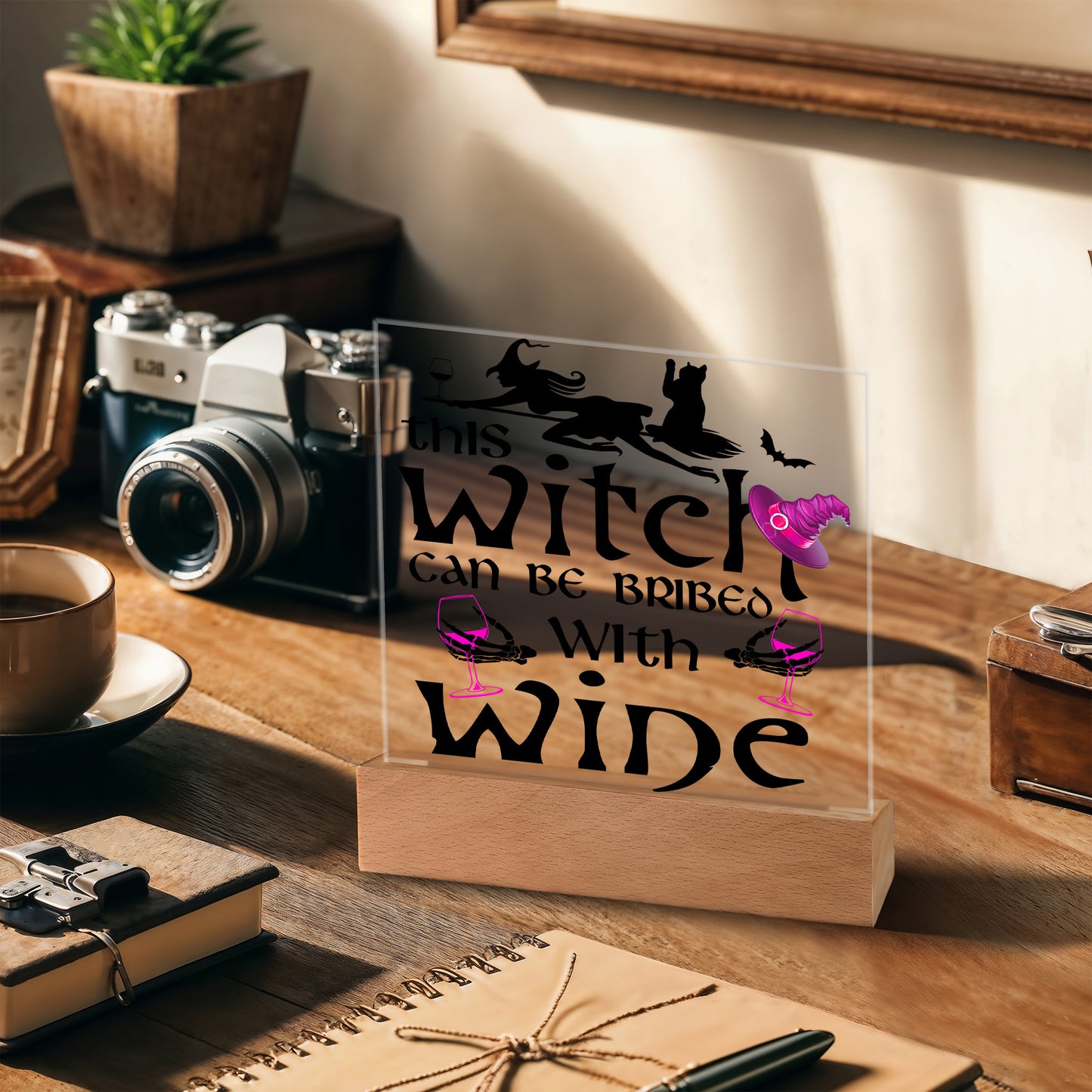 This Witch Can Be Bribed With Wine Halloween Acrylic Square Plaque with LED Wooden Base