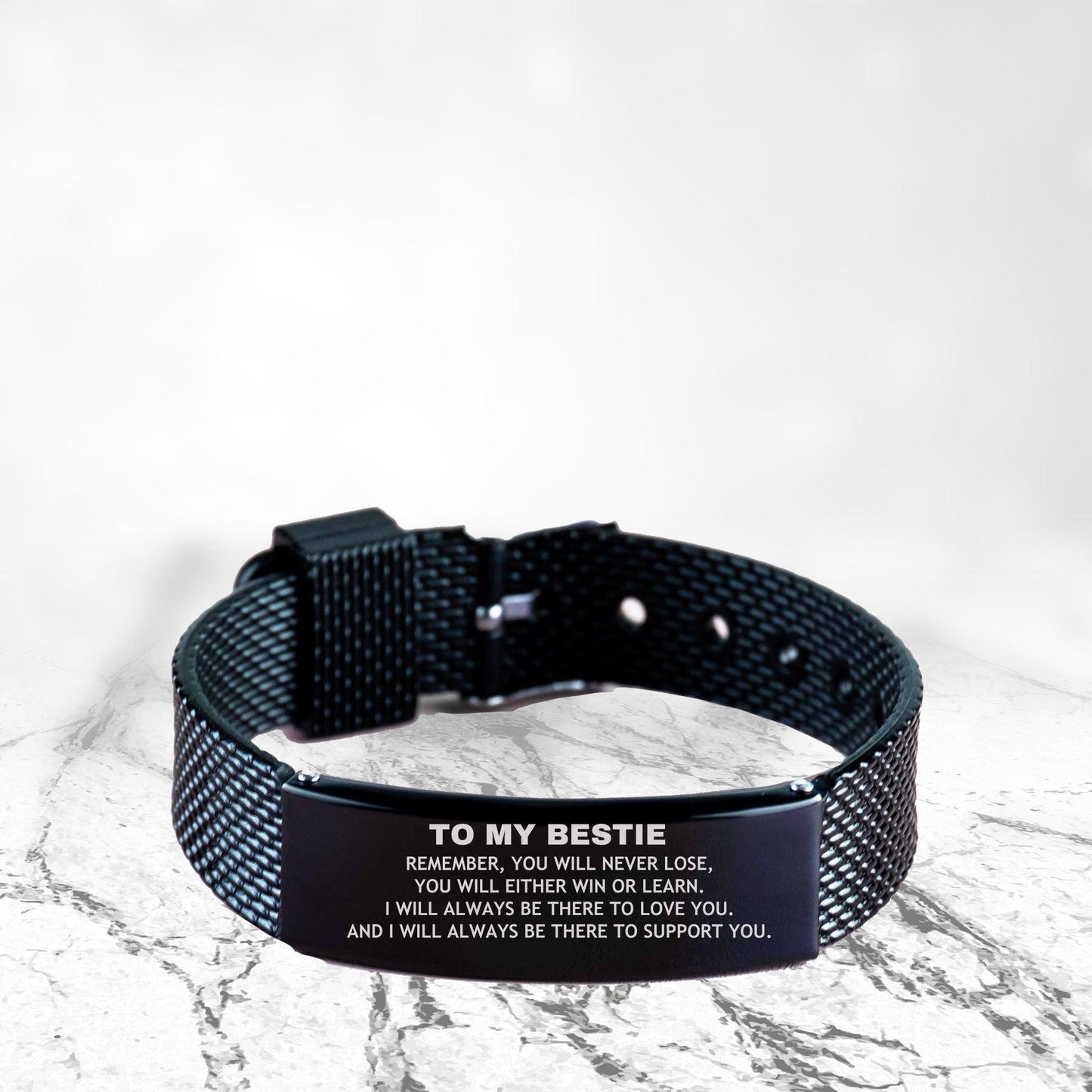 Bestie Gifts, To My Bestie Remember, you will never lose. You will either WIN or LEARN, Keepsake Black Shark Mesh Bracelet For Bestie Engraved, Birthday Christmas Gifts Ideas For Bestie X-mas Gifts - Mallard Moon Gift Shop