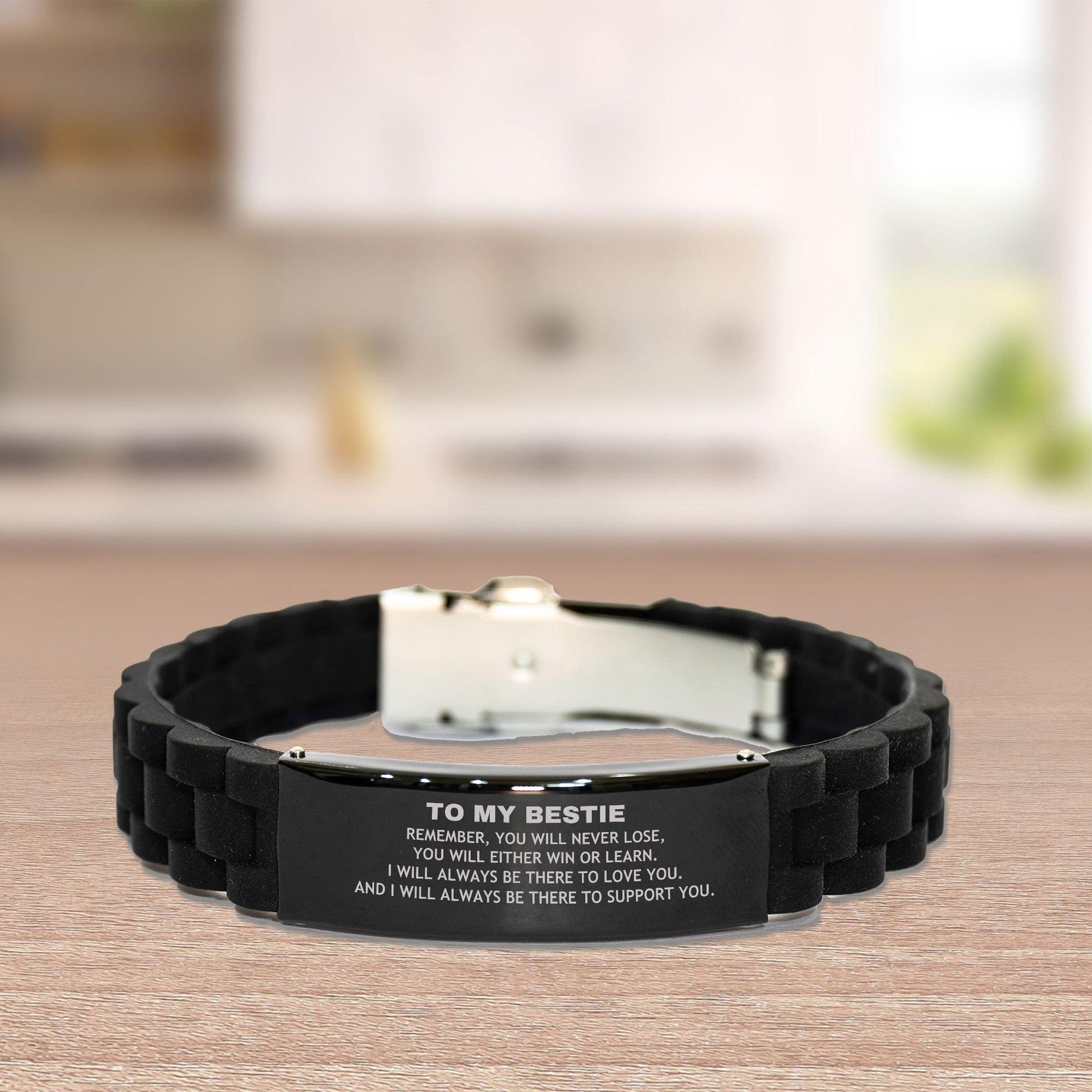 Bestie Gifts, To My Bestie Remember, you will never lose. You will either WIN or LEARN, Keepsake Black Glidelock Clasp Bracelet For Bestie Engraved, Birthday Christmas Gifts Ideas For Bestie X-mas Gifts - Mallard Moon Gift Shop