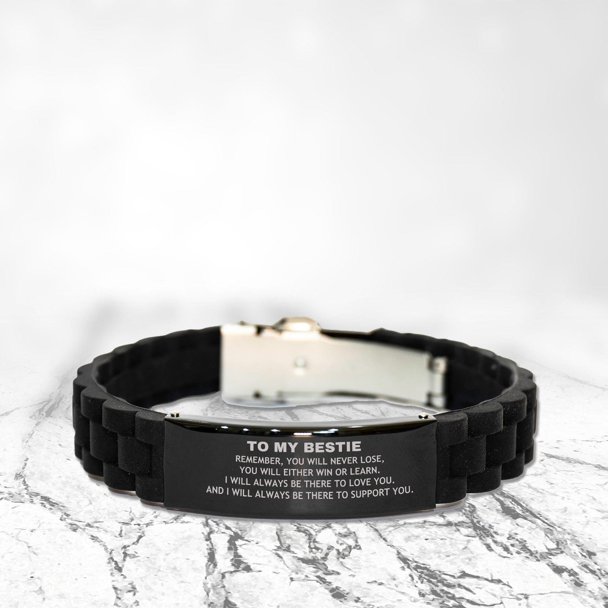 Bestie Gifts, To My Bestie Remember, you will never lose. You will either WIN or LEARN, Keepsake Black Glidelock Clasp Bracelet For Bestie Engraved, Birthday Christmas Gifts Ideas For Bestie X-mas Gifts - Mallard Moon Gift Shop