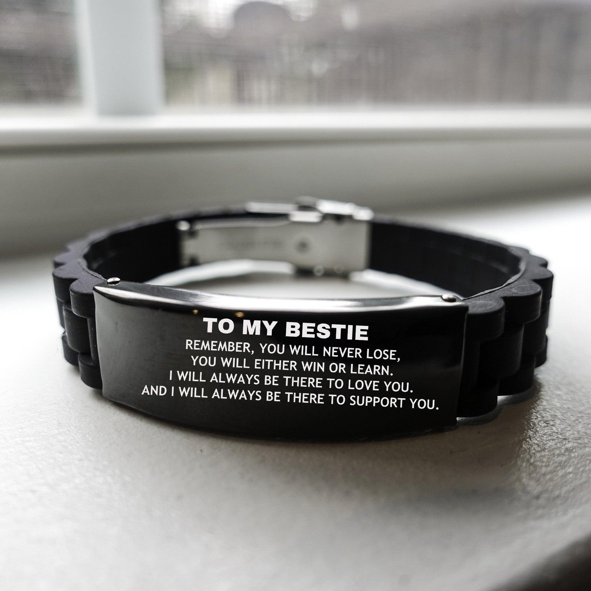 Bestie Gifts, To My Bestie Remember, you will never lose. You will either WIN or LEARN, Keepsake Black Glidelock Clasp Bracelet For Bestie Engraved, Birthday Christmas Gifts Ideas For Bestie X-mas Gifts - Mallard Moon Gift Shop