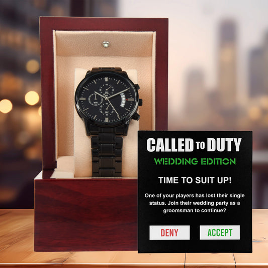 Groomsman Called To Duty Time to Suit Up Wedding Party Invite Black Chronograph Watch