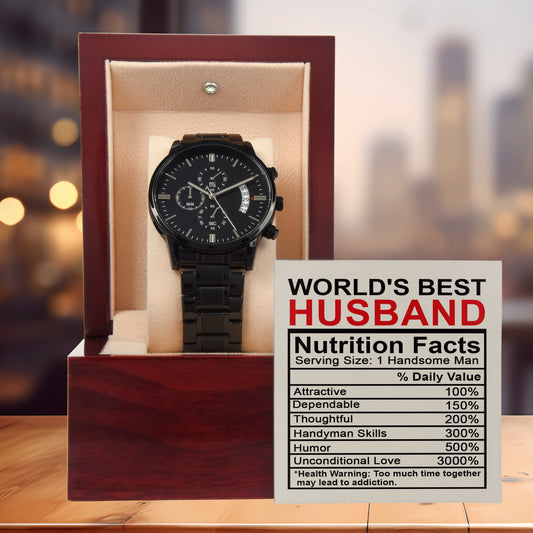 Husband Gift -Nutrition Facts - Black Chronograph Watch