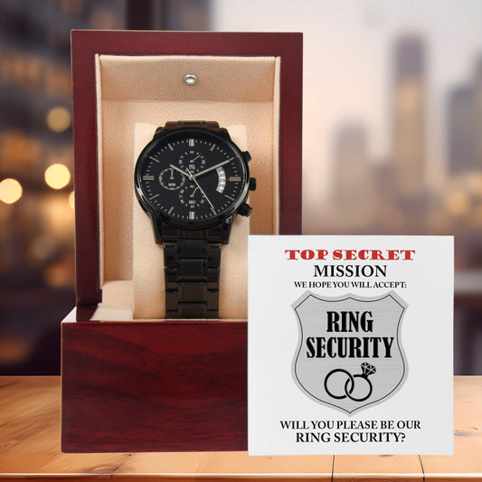 Gift for Best Man Top Secret Mission Ring Security Wedding Party Invite Black Chronograph Watch