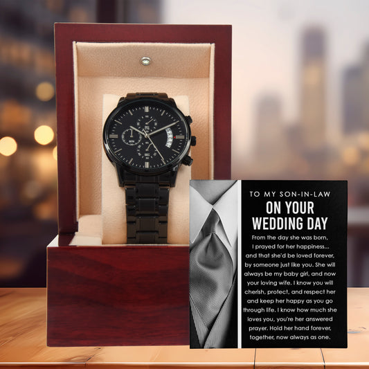 Son-in-Law Wedding Day Gift - Hold Her Hand Forever - Black Chronograph Watch