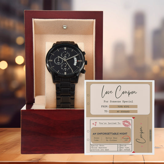 Husband Wedding Day Gift - Coupon Book - Black Chronograph Watch