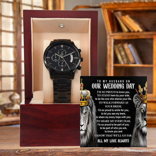 Husband Wedding Day Gift-By Your Side-Black Chronograph Watch