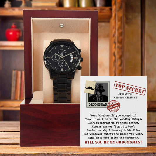 Groomsman Top Secret Mission - Black Chronograph Watch Gift Wedding Proposal Invite from Groom