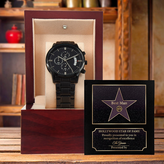 Husband Wedding Day Gift-Best Man-Star Of Fame-Black Chronograph Watch