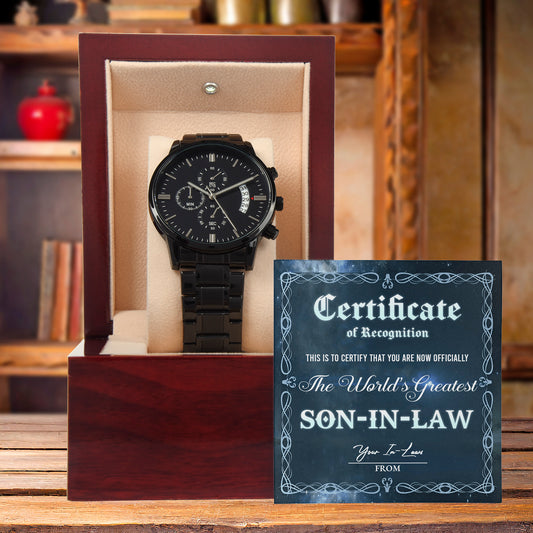 Son-In-Law Wedding Day Gift-Certificate Of Achievement-Black Chronograph Watch