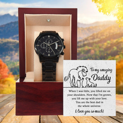 Dad Gift -You Lift My Up With Love Lion and Cub Black Chronograph Watch