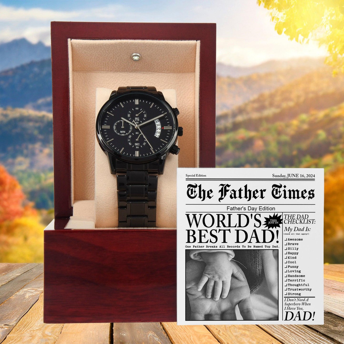 Dad Gift  - Headline on The Father Times - World's Best Dad - Black Chronograph Watch