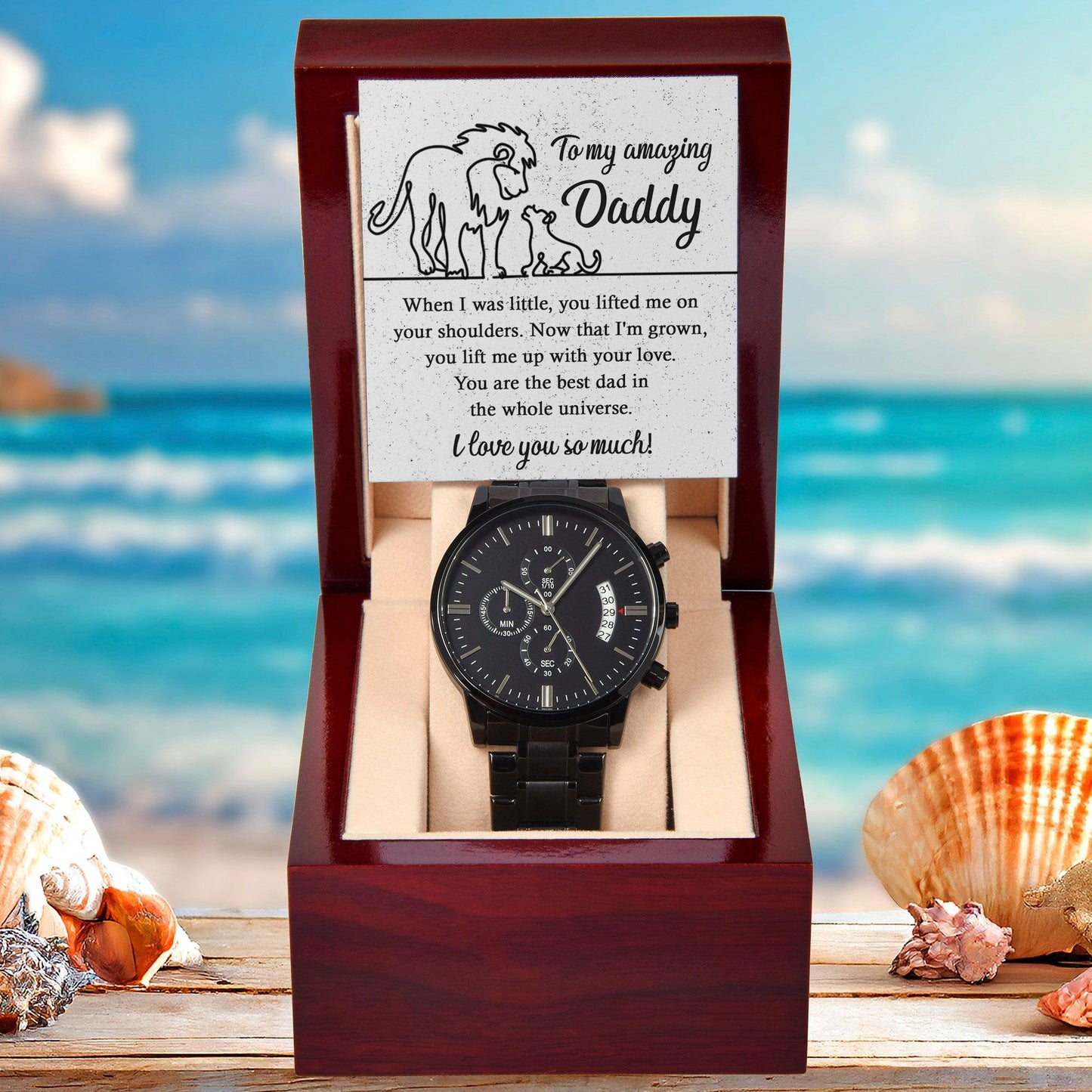 Dad Gift -You Lift My Up With Love Lion and Cub Black Chronograph Watch