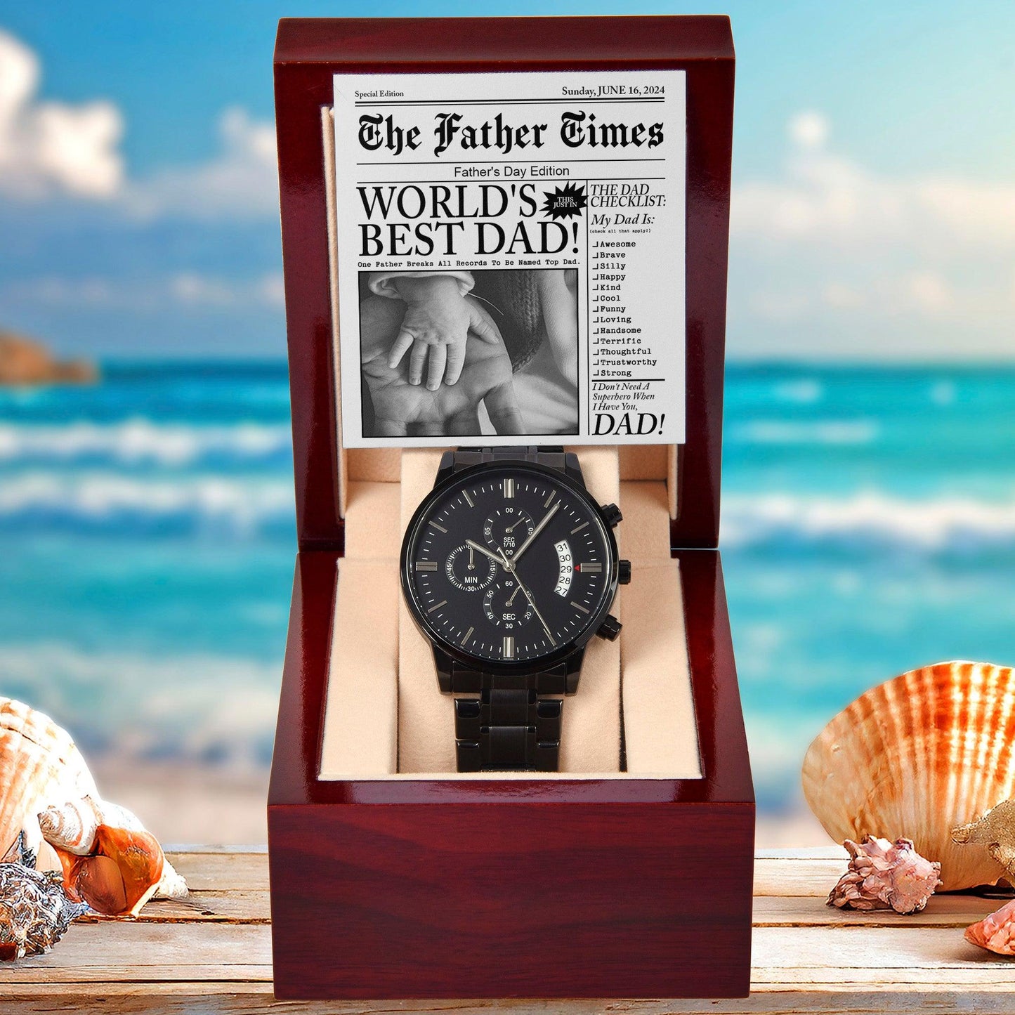 Dad Gift  - Headline on The Father Times - World's Best Dad - Black Chronograph Watch