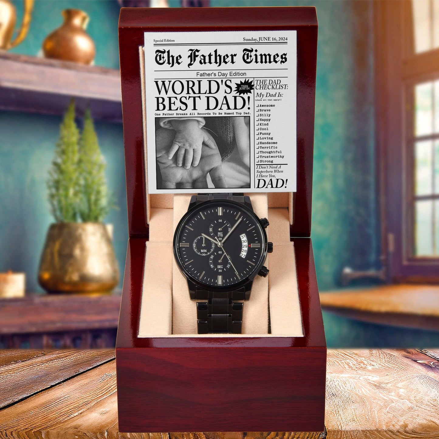 Dad Gift  - Headline on The Father Times - World's Best Dad - Black Chronograph Watch