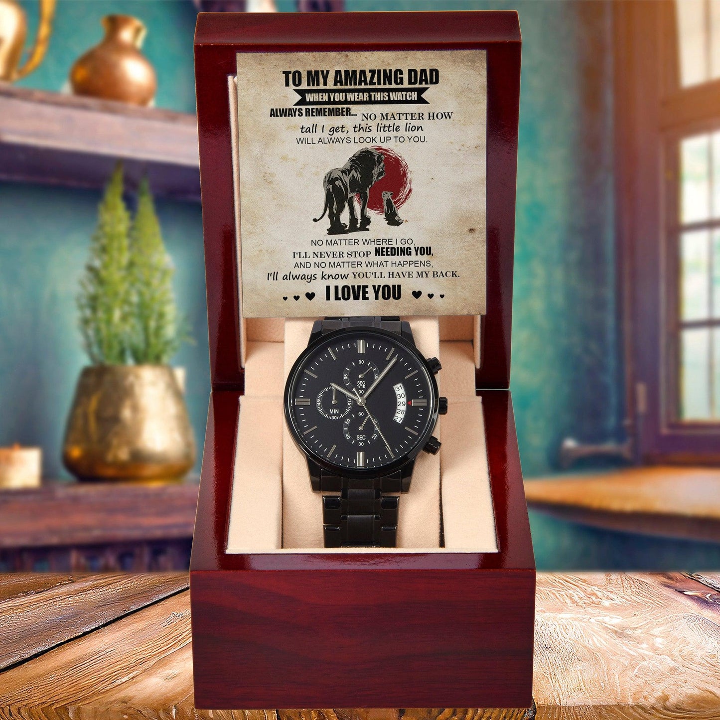 Dad Gift - This Little Lion Will Always Look Up to You - Black Chronograph Watch