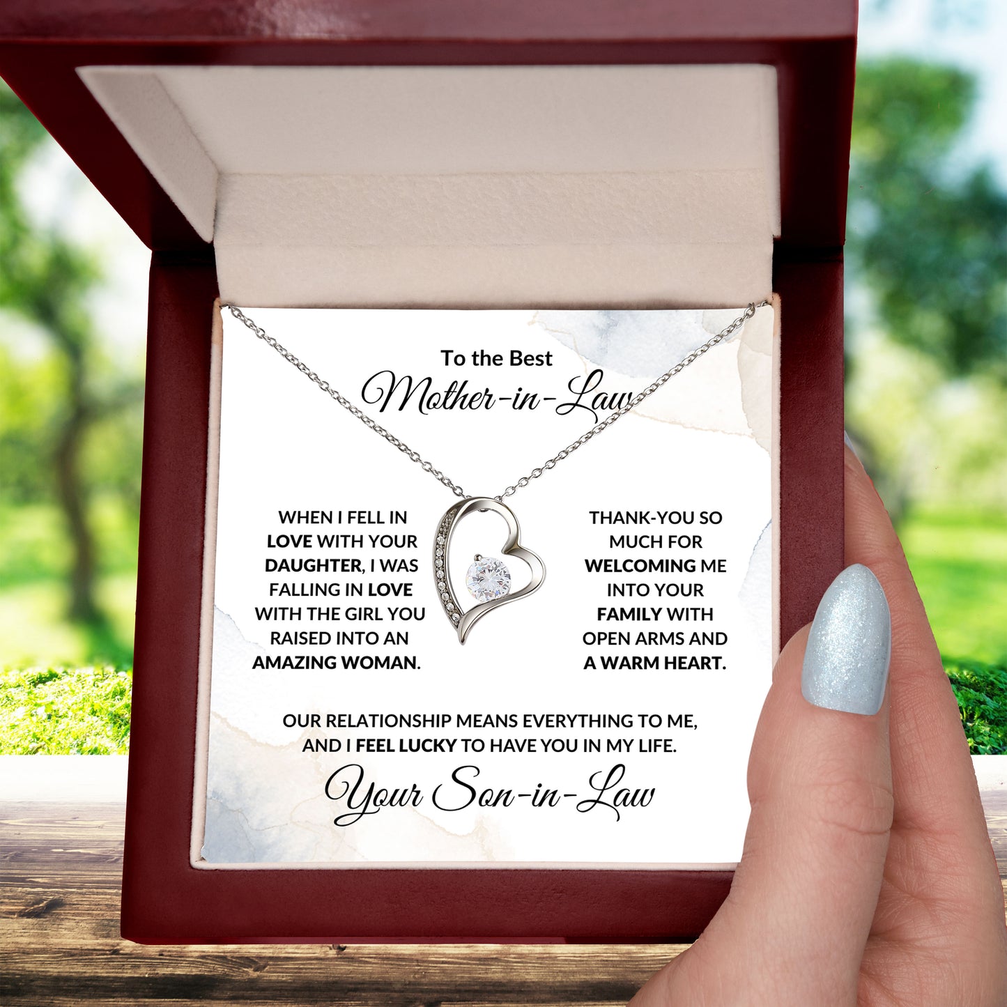 To My Mother-in-law from Son-in-law Forever Love Heart Pendant Necklace Personalized Message Card