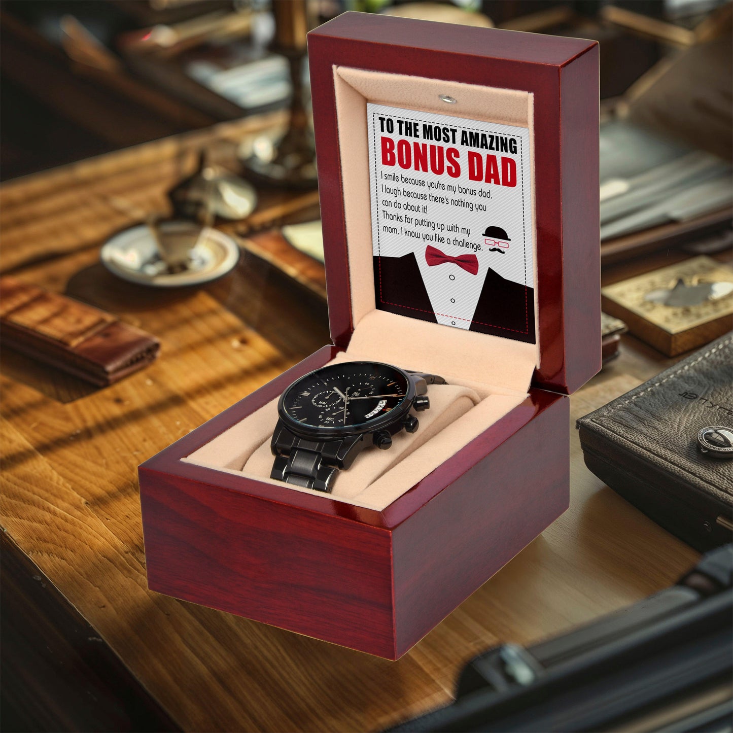 Bonus Dad Gift- I Know You Like A Challenge Black Chronograph Watch