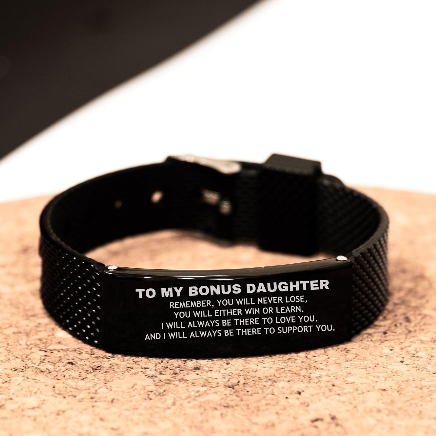 Bonus Daughter Gifts, To My Bonus Daughter Remember, you will never lose. You will either WIN or LEARN, Keepsake Black Shark Mesh Bracelet For Bonus Daughter Engraved, Birthday Christmas Gifts Ideas For Bonus Daughter X-mas Gifts - Mallard Moon Gift Shop