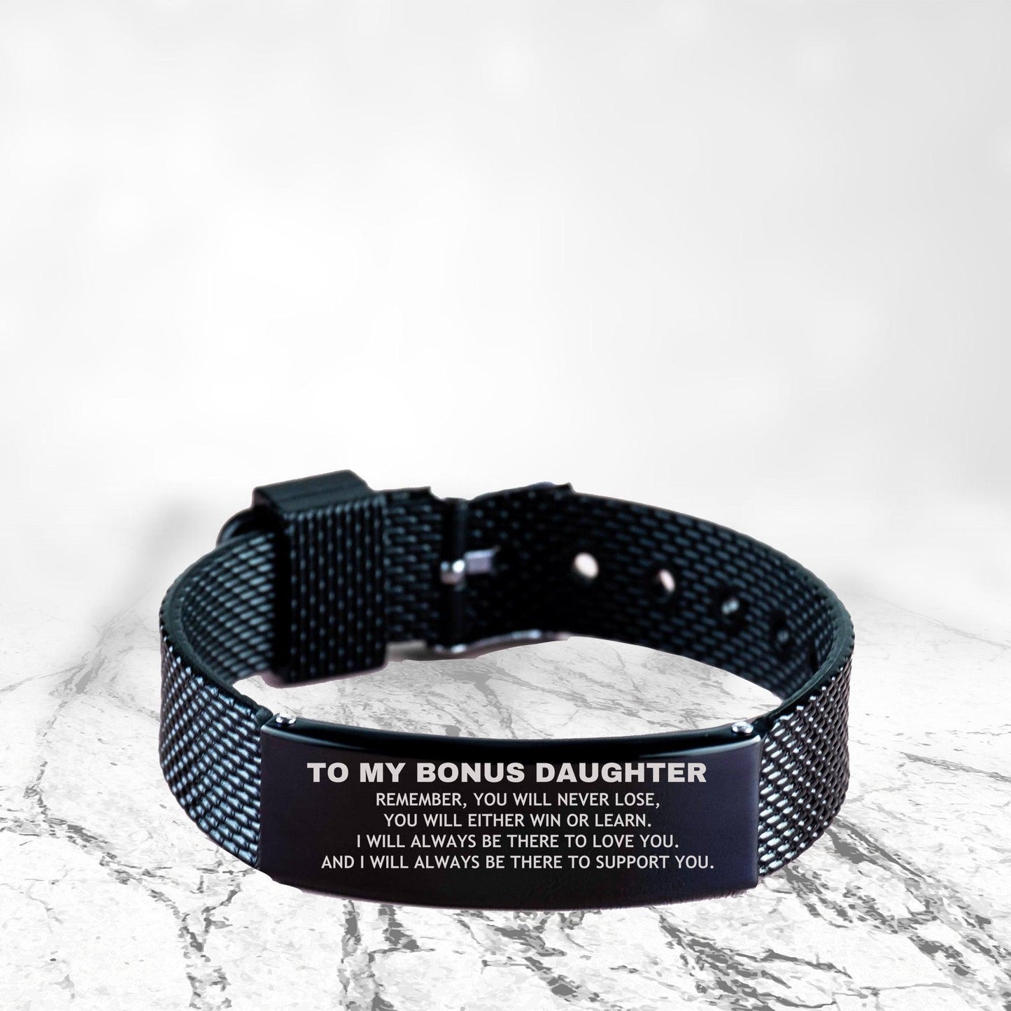 Bonus Daughter Gifts, To My Bonus Daughter Remember, you will never lose. You will either WIN or LEARN, Keepsake Black Shark Mesh Bracelet For Bonus Daughter Engraved, Birthday Christmas Gifts Ideas For Bonus Daughter X-mas Gifts - Mallard Moon Gift Shop