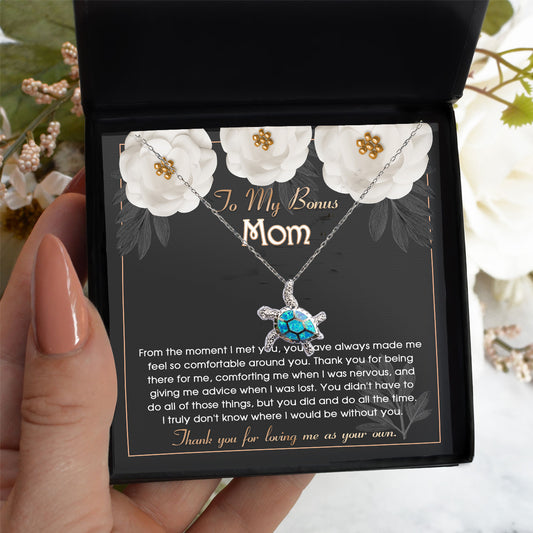 To My Bonus Mom Thank You For Loving Me Opal Turtle Pendant Necklace