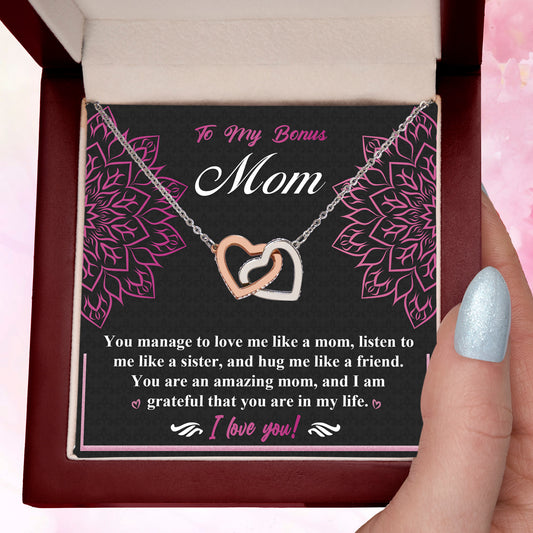 To My Bonus Mom - I am Grateful You Are in My Life - Interlocking Hearts Pendant Necklace