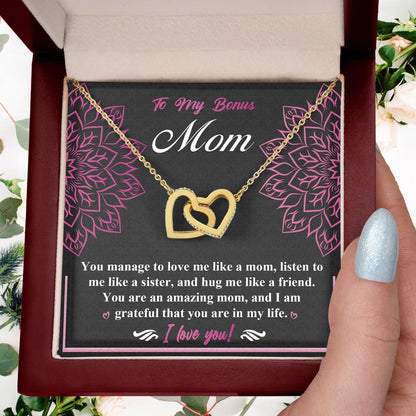 To My Bonus Mom - I am Grateful You Are in My Life - Interlocking Hearts Pendant Necklace