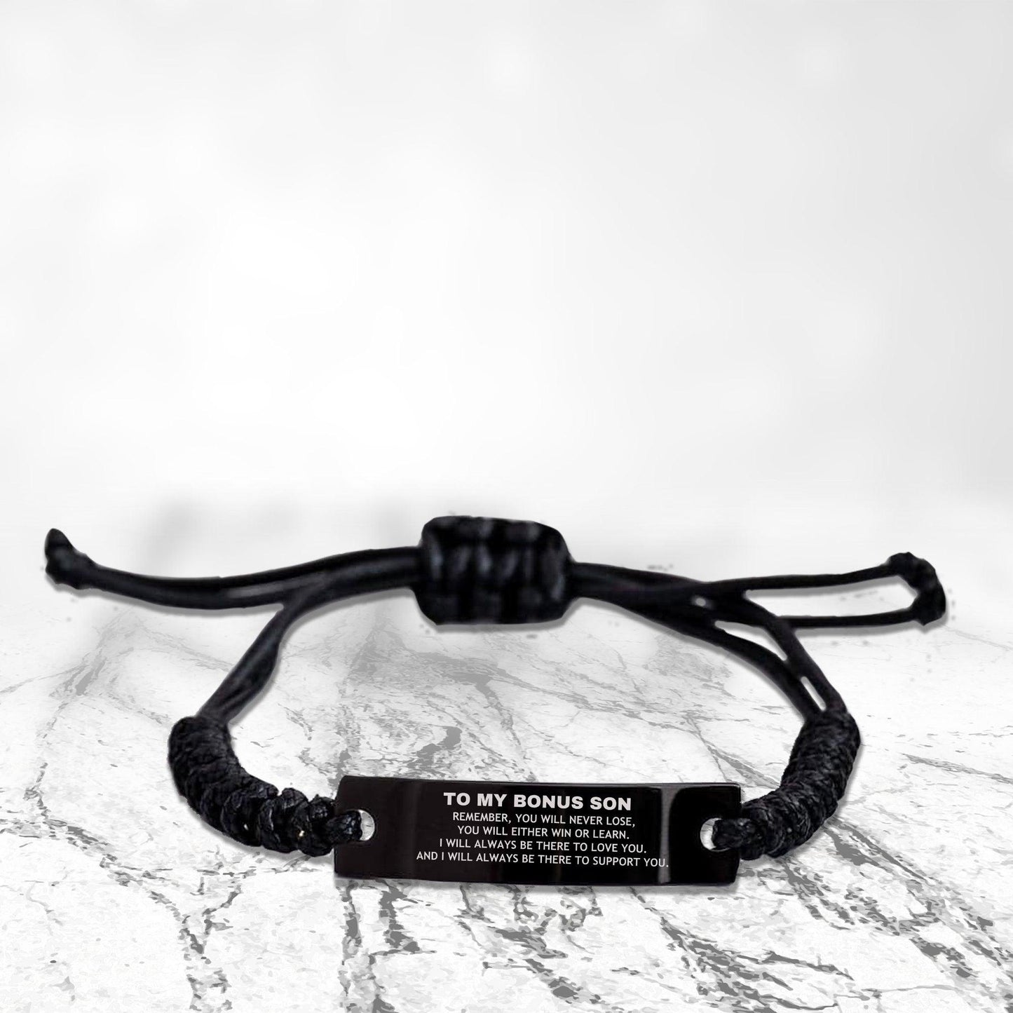 Bonus Son Gifts, To My Bonus Son Remember, you will never lose. You will either WIN or LEARN, Keepsake Black Rope Bracelet For Bonus Son Engraved, Birthday Christmas Gifts Ideas For Bonus Son X-mas Gifts - Mallard Moon Gift Shop