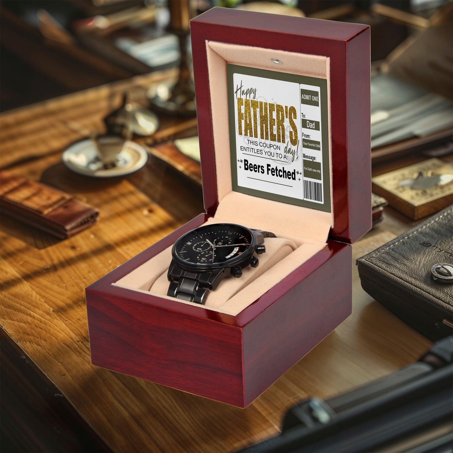 Dad Father's Day Gift - Coupon for Beers Fetched - Black Chronograph Watch