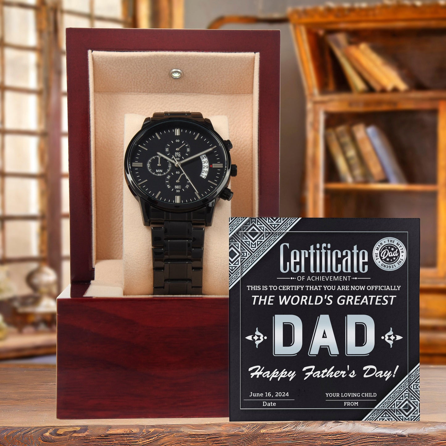 Dad Certificate of Achievement as the World's Greatest Dad Black Chronograph Watch