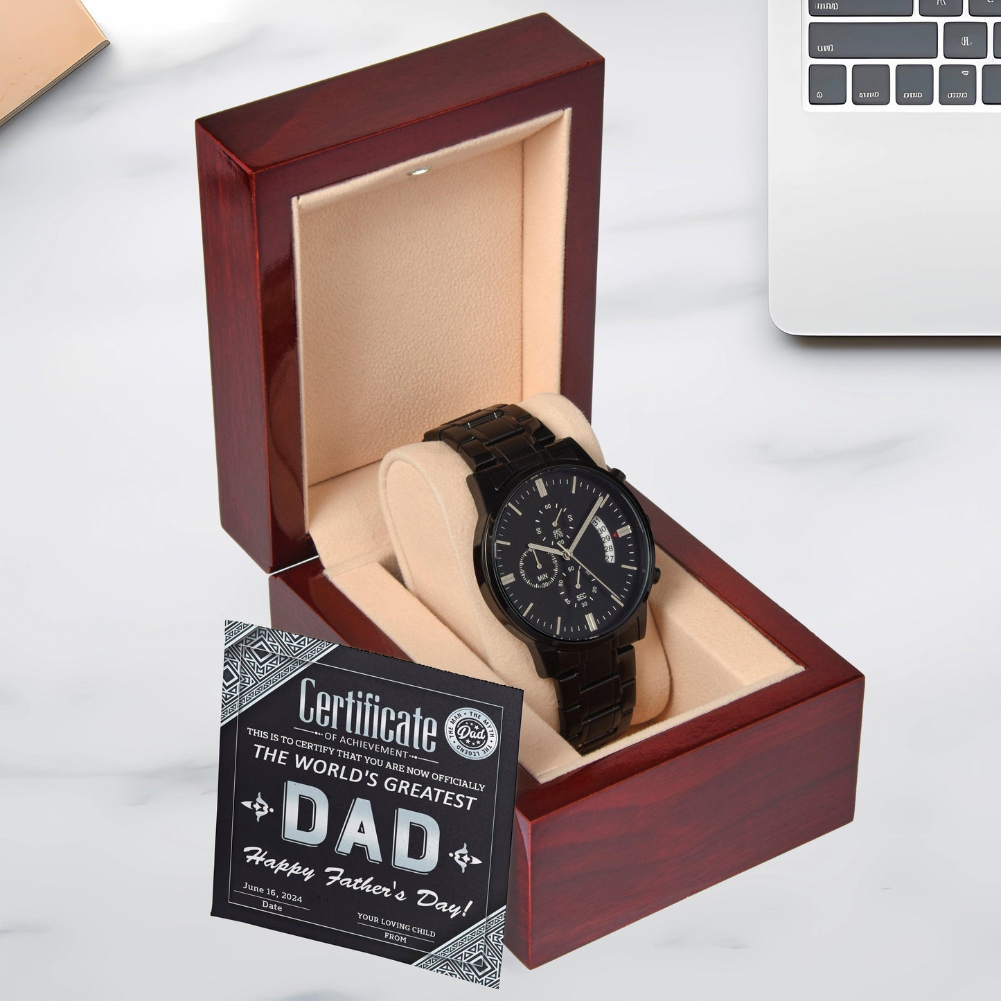 Dad Certificate of Achievement as the World's Greatest Dad Black Chronograph Watch