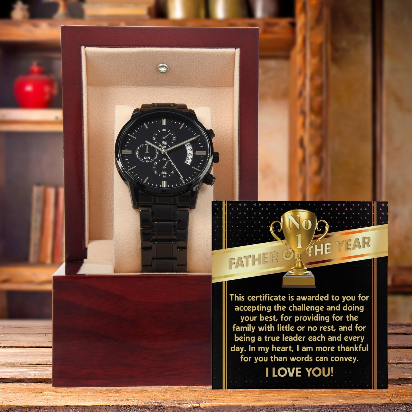 Father of the Year Black Chronograph Watch